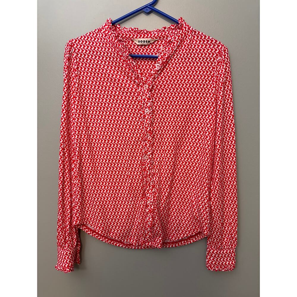 Boden CAroline Jersey Button down shirt "Flame Scarlet" size 6 Geometric pattern